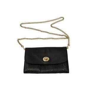 Vintage Black Signature Leather Coach Clutch & Crossbody Purse Gold Chain Strap